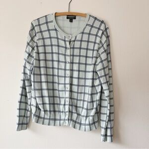 Lands End women's mint navy blue check supima cotton long sleeve cardigan preppy